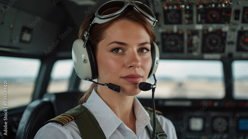Female pilot in white uniform and headset sitting in aircraft cockpit ...