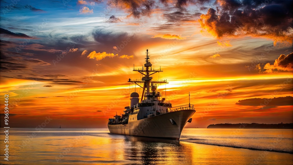 Majestic navy warship stands tall at dusk, its sleek silhouette contrasting against a warm orange sky with subtle waves gently lapping at the shore. Majestic navy warship stands tall at dusk, its sleek silhouette contrasting against a warm orange sky with subtle waves gently lapping at the shore.