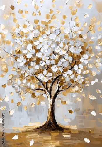 An abstract painting of a blooming tree with textured white and golden leaves, set against a soft, neutral background, blending realism and impressionistic brushstrokes