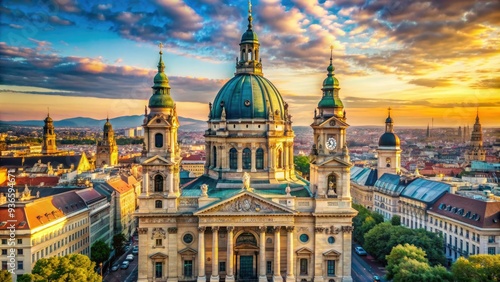 Majestic Neo-Classical architecture and stunning stained-glass dome of St. Stephen's Basilica, a iconic landmark and prominent symbol of Budapest, Hungary's rich history.