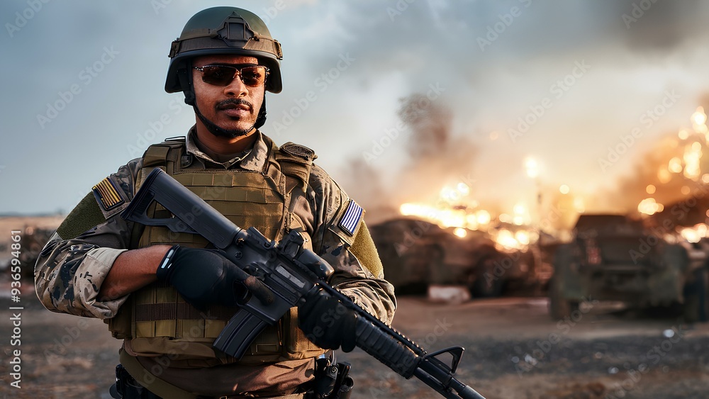 A soldier with an automatic weapon in his hands against the background of fire. A warrior in military uniform with a weapon. A man in a military uniform against the background of war. A soldier with an automatic weapon in his hands against the background of fire. A warrior in military uniform with a weapon. A man in a military uniform against the background of war.