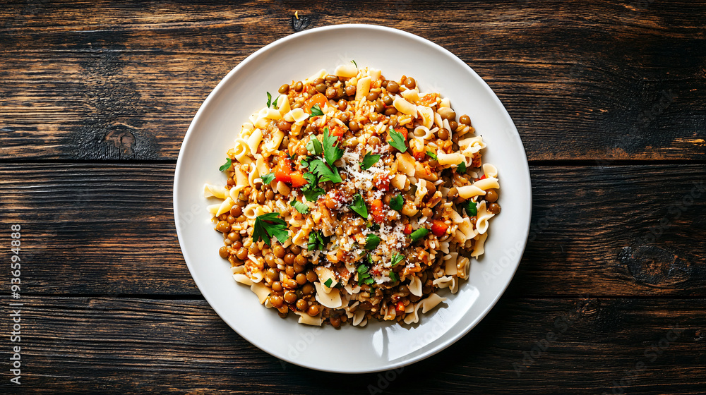 Delicious and healthy vegetarian meal is served on a rustic wooden table, featuring pasta and lentils Delicious and healthy vegetarian meal is served on a rustic wooden table, featuring pasta and lentils