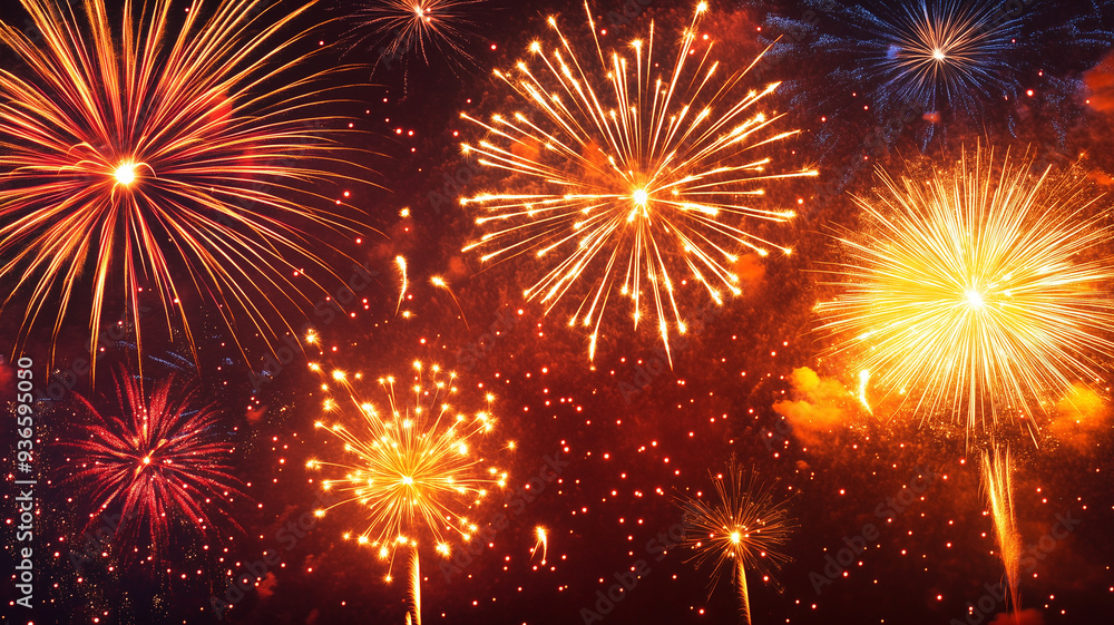 Naklejka premium Colorful fireworks exploding in the night sky during a celebration in a vibrant display of light and color