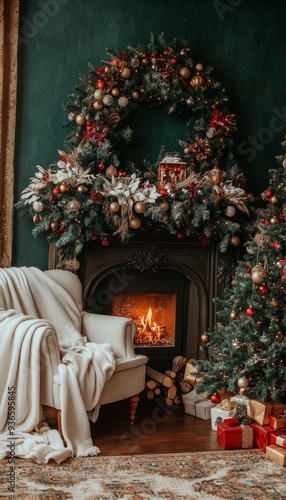 Cozy Christmas Interior, Fireplace Decorated by Garland and Wreath, White Armchair, Gifts Under Tree