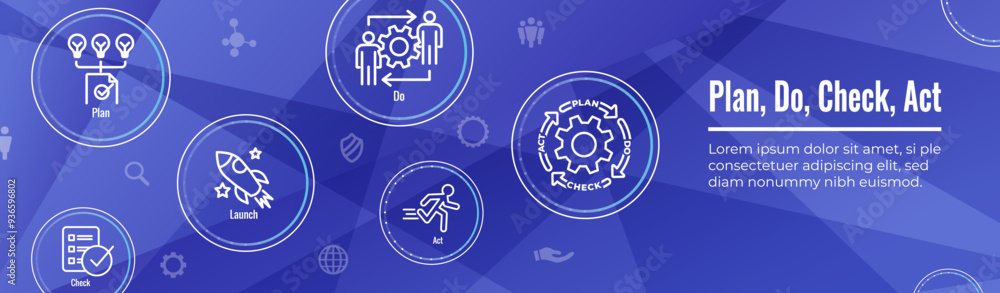 Plan Do Check Act Business Strategy - Procedure for Continuous Improvement Icon Set and Web Header Banner Plan Do Check Act Business Strategy - Procedure for Continuous Improvement Icon Set and Web Header Banner