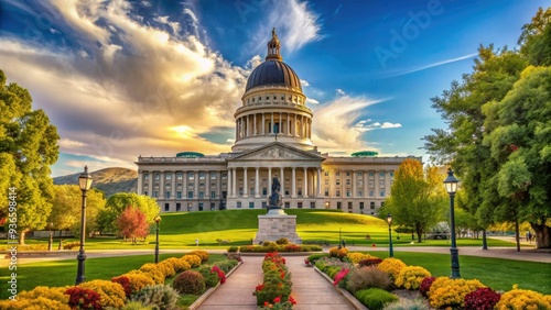 Majestic Utah State Capitol building stands proudly in Salt Lake City, with its stunning copper dome and beautiful surrounding gardens and trees. photo