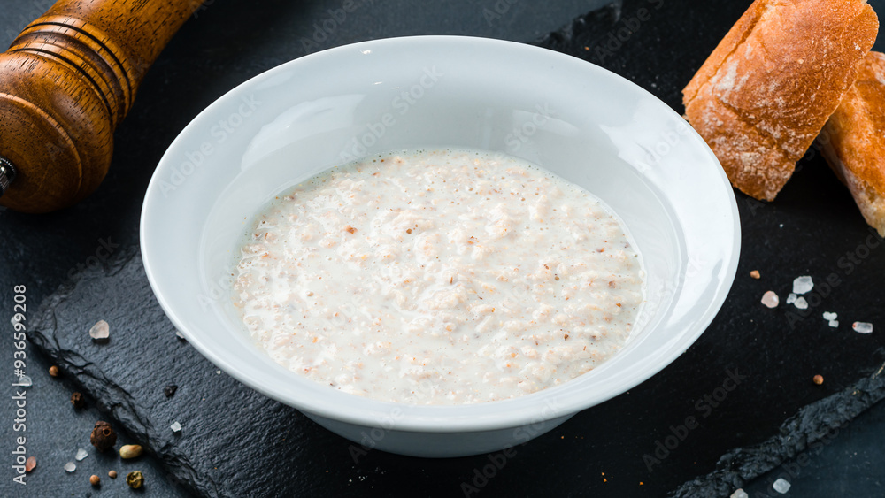 Garnish boiled oatmeal porridge with milk in a plate. Garnish boiled oatmeal porridge with milk in a plate.