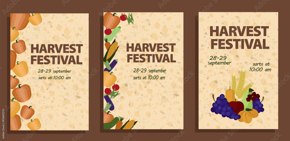 Fototapeta premium Harvest festival poster set featuring vegetables and fruits. Vector in flat. For promoting seasonal events, farmers' markets and autumn festivals. Can be used in advertisements, banners, and flyers.