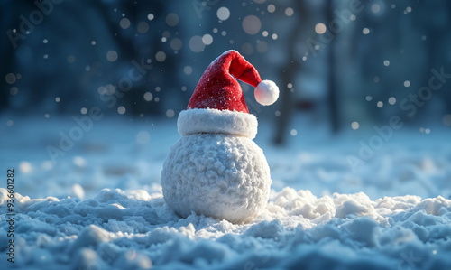 Boule de neige, bonhomme de neige dans la neige avec un chapeau de Père-Noël	 photo