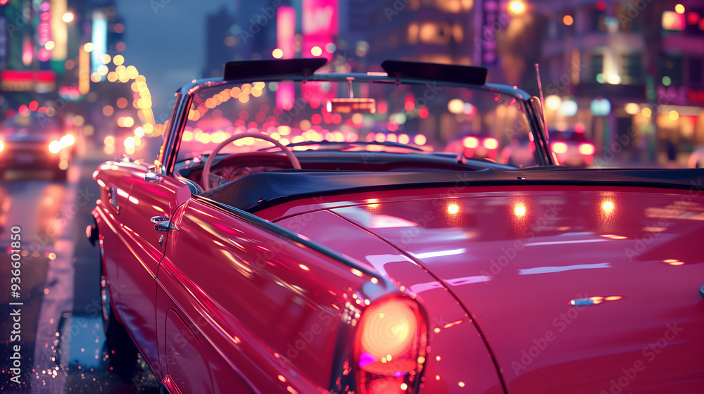 A pink convertible car is parked on a wet street in a city A pink convertible car is parked on a wet street in a city