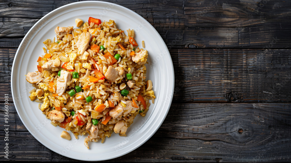 Chicken fried rice with peas, carrots, and peppers served on a white plate on a dark wooden table Chicken fried rice with peas, carrots, and peppers served on a white plate on a dark wooden table