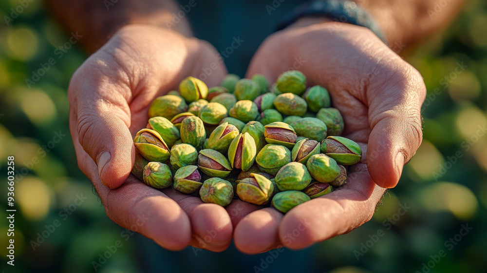 the pistachio baron of Bronte, gently holds a handful of fresh, green pistachios, letting them symbolically fall back into a colossal pile. The background features a traditional Sicilian farm the pistachio baron of Bronte, gently holds a handful of fresh, green pistachios, letting them symbolically fall back into a colossal pile. The background features a traditional Sicilian farm