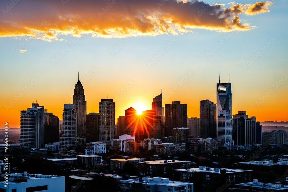 Fototapeta premium Sun setting over a city skyline with modern buildings and people in the distance