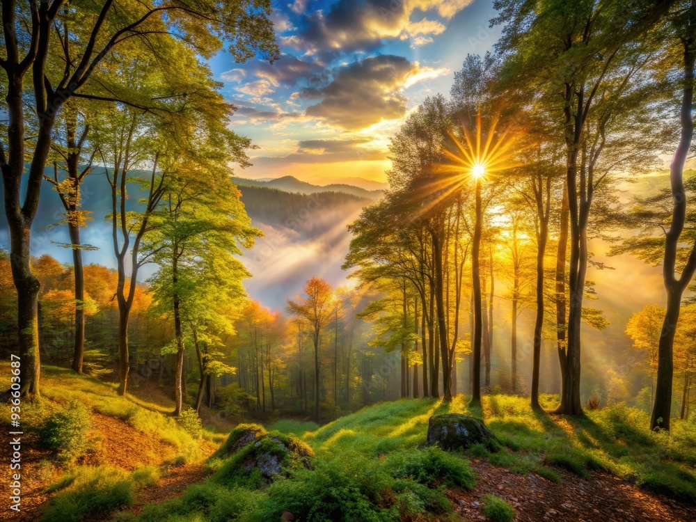 Φωτογραφία Misty dawn breaks over a serene beech forest in Romania's Carpathian Mountains, with golden light filtering through the misty atmosphere and illuminating the verdant foliage