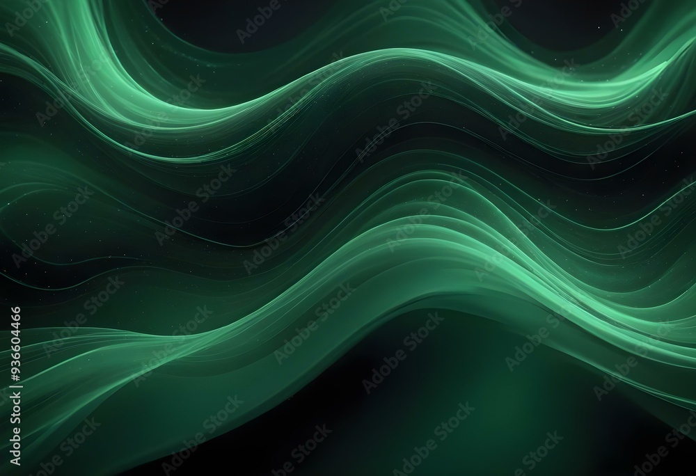 Fototapeta premium Flowing green and black abstract background with soft, wavy shapes and subtle sparkles