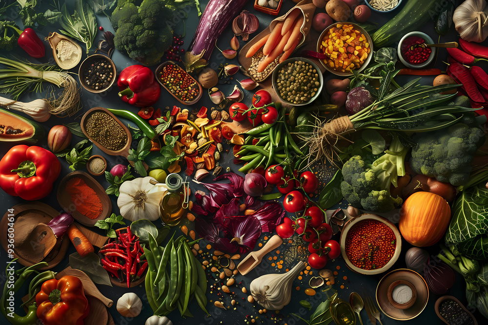 Fototapeta premium A vibrant display of assorted fresh vegetables and herbs, featuring bright colors and rich textures, perfect for a healthy meal prep.