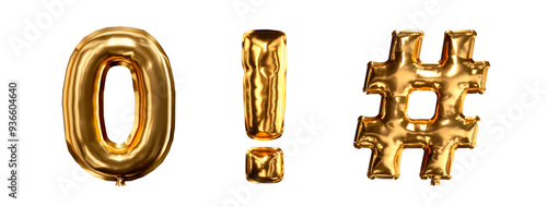 balão 3d dourado metálico, número 0 e símbolos de hashtag e exclamação, isolado para festas de ano novo