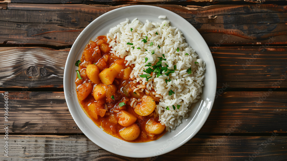 Serving of fragrant potato curry accompanied by white rice and topped with fresh parsley Serving of fragrant potato curry accompanied by white rice and topped with fresh parsley