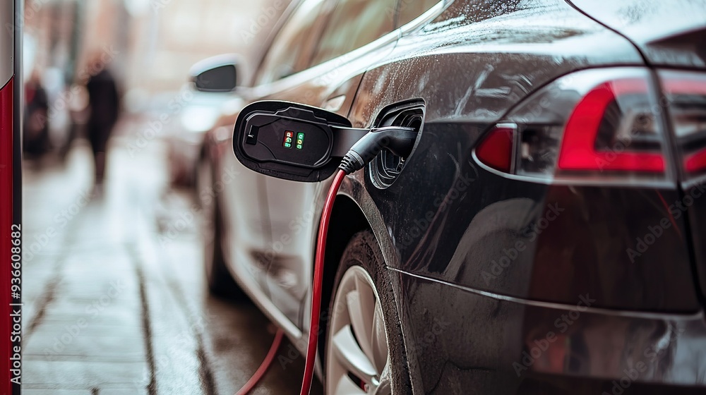 Side view of an electric car being charged at a public station, focusing on the connection point and the vehicle's contemporary design Side view of an electric car being charged at a public station, focusing on the connection point and the vehicle's contemporary design