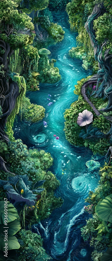 Fototapeta premium A surreal fantasy landscape viewed from a worms-eye perspective