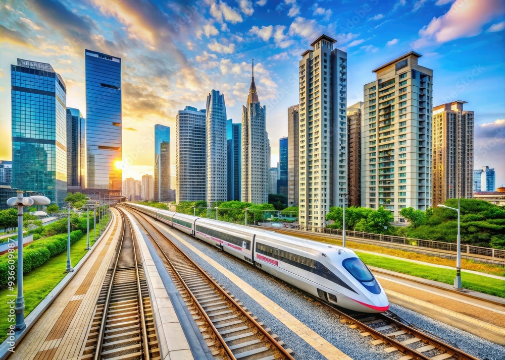 Obraz premium Modern high-speed train approaches platform amidst sleek apartments and urban landscape at bustling Seoul Station, showcasing South Korea's advanced transportation infrastructure.