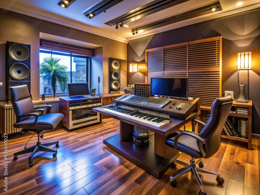 Modern home recording studio with sleek mixing soundboard, various musical instruments, and state-of-the-art electronic controls, featuring a computer with digital audio workstation software. Modern home recording studio with sleek mixing soundboard, various musical instruments, and state-of-the-art electronic controls, featuring a computer with digital audio workstation software.