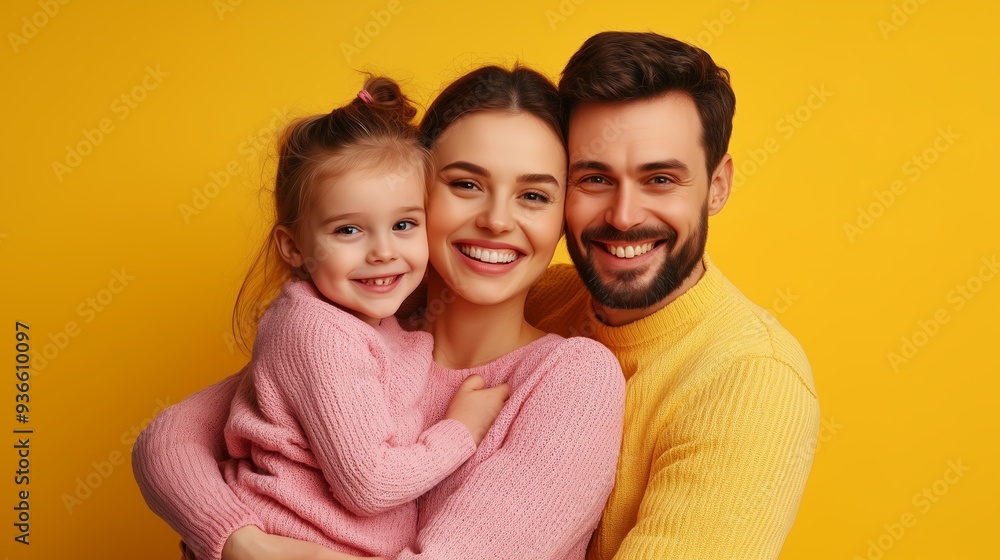 A happy family of three smiles together against a vibrant yellow backdrop, showcasing their love and joy during a cheerful indoor moment A happy family of three smiles together against a vibrant yellow backdrop, showcasing their love and joy during a cheerful indoor moment