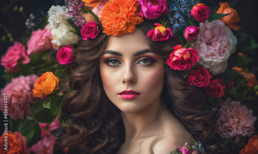 A woman with long, dark hair wears a crown of colorful flowers A woman with long, dark hair wears a crown of colorful flowers