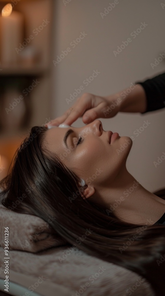 A woman lies peacefully with her head resting on a massage table while enjoying a soothing facial treatment. The ambiance is calm and serene, enhancing her relaxation A woman lies peacefully with her head resting on a massage table while enjoying a soothing facial treatment. The ambiance is calm and serene, enhancing her relaxation
