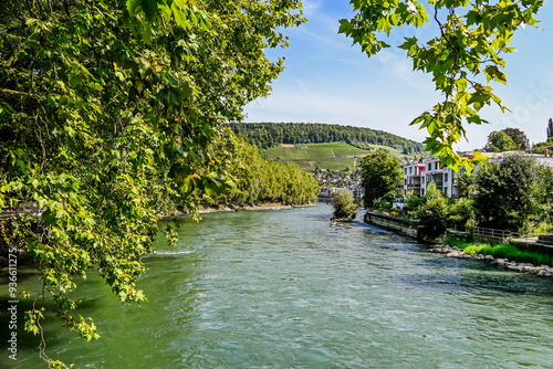 Stadt Baden, Limmat, Fluss, Limmatufer, Altstadt, Stadt, Limmattal, Aargau, Schweiz, Kanton Aargau,  Sommer, Sommertag, Uferweg, Spazierweg