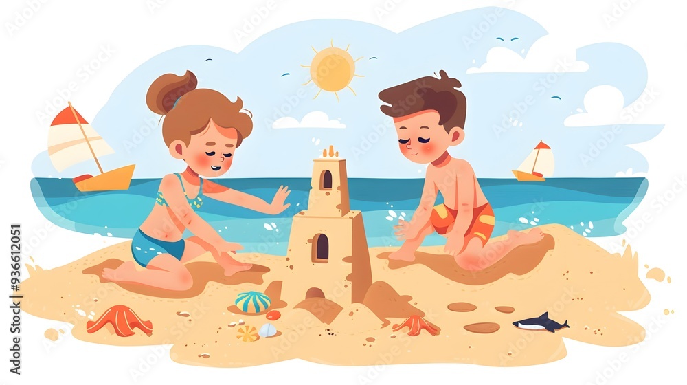 A charming flat-style illustration of a little boy and girl working together to sculpt a sandcastle on the seashore. This image captures the essence of playful childhood moments by the beach. A charming flat-style illustration of a little boy and girl working together to sculpt a sandcastle on the seashore. This image captures the essence of playful childhood moments by the beach.