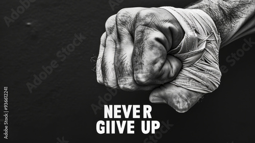 The close-up captures a clenched fist wrapped in bandages, embodying strength and the unyielding spirit to persist, with a bold motivational phrase underneath photo