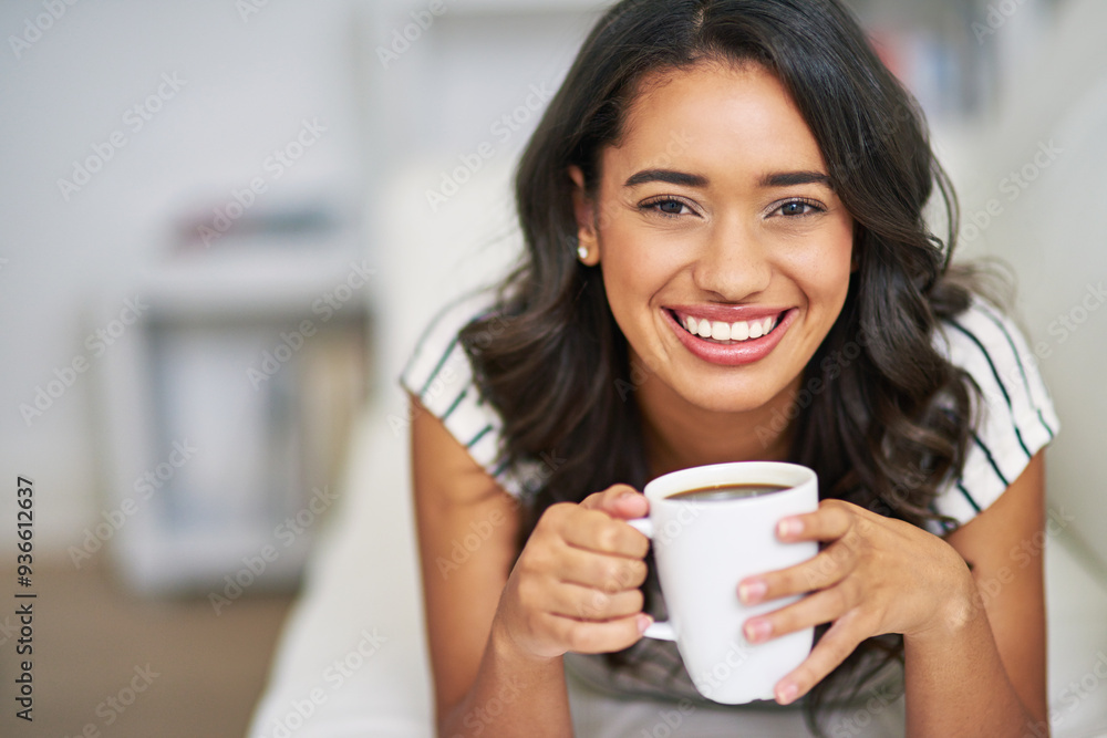 Home, portrait and woman on sofa with coffee, hot beverage and relax in morning with smile. House, female person and espresso cup on couch for resting, comfortable and drinking tea in apartment Home, portrait and woman on sofa with coffee, hot beverage and relax in morning with smile. House, female person and espresso cup on couch for resting, comfortable and drinking tea in apartment