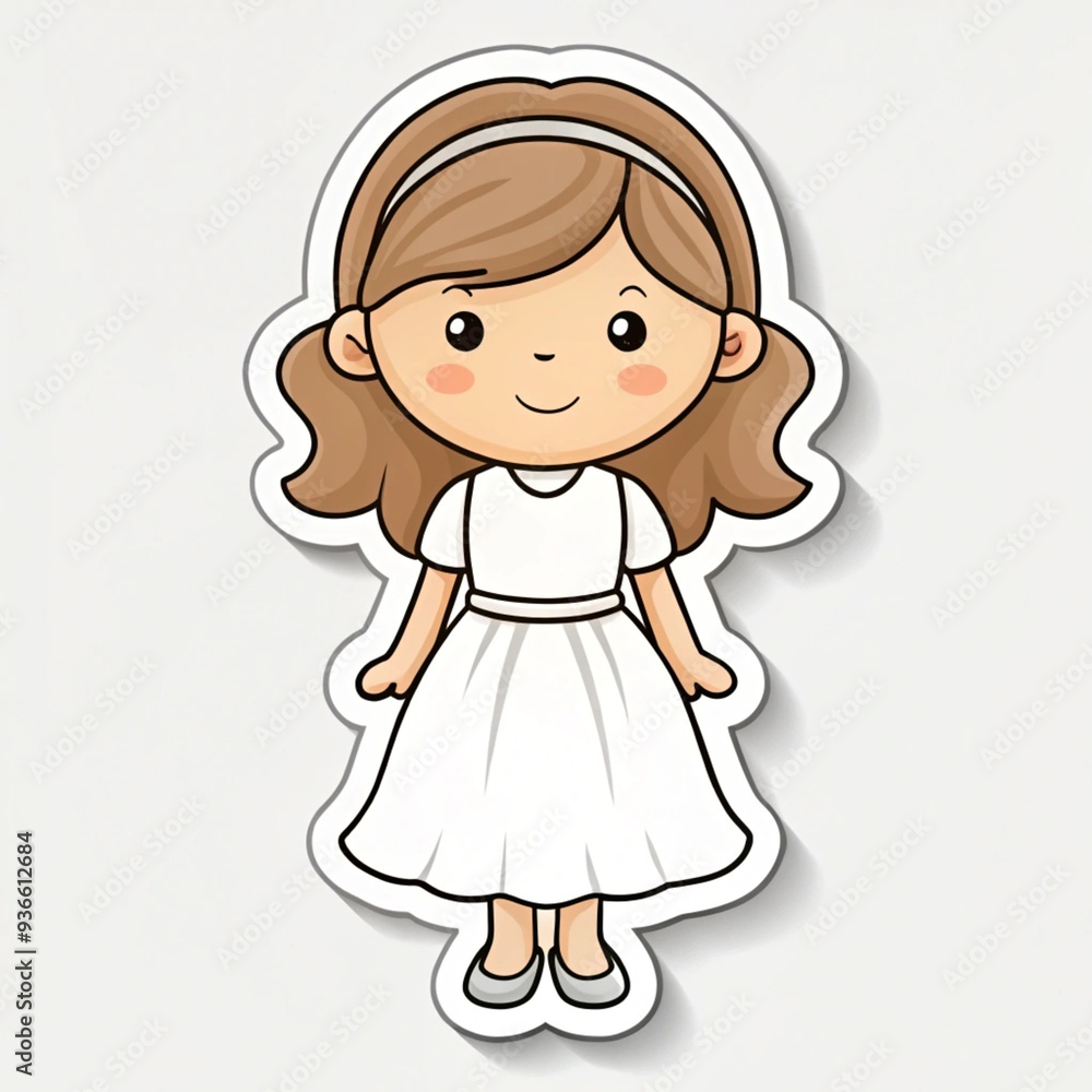 Simple sticker, a little girl in a white dress with a black outline, flat design, simple shapes, low detail, no shadow, cute style, simple lines, clean edges, Simple sticker, a little girl in a white dress with a black outline, flat design, simple shapes, low detail, no shadow, cute style, simple lines, clean edges,