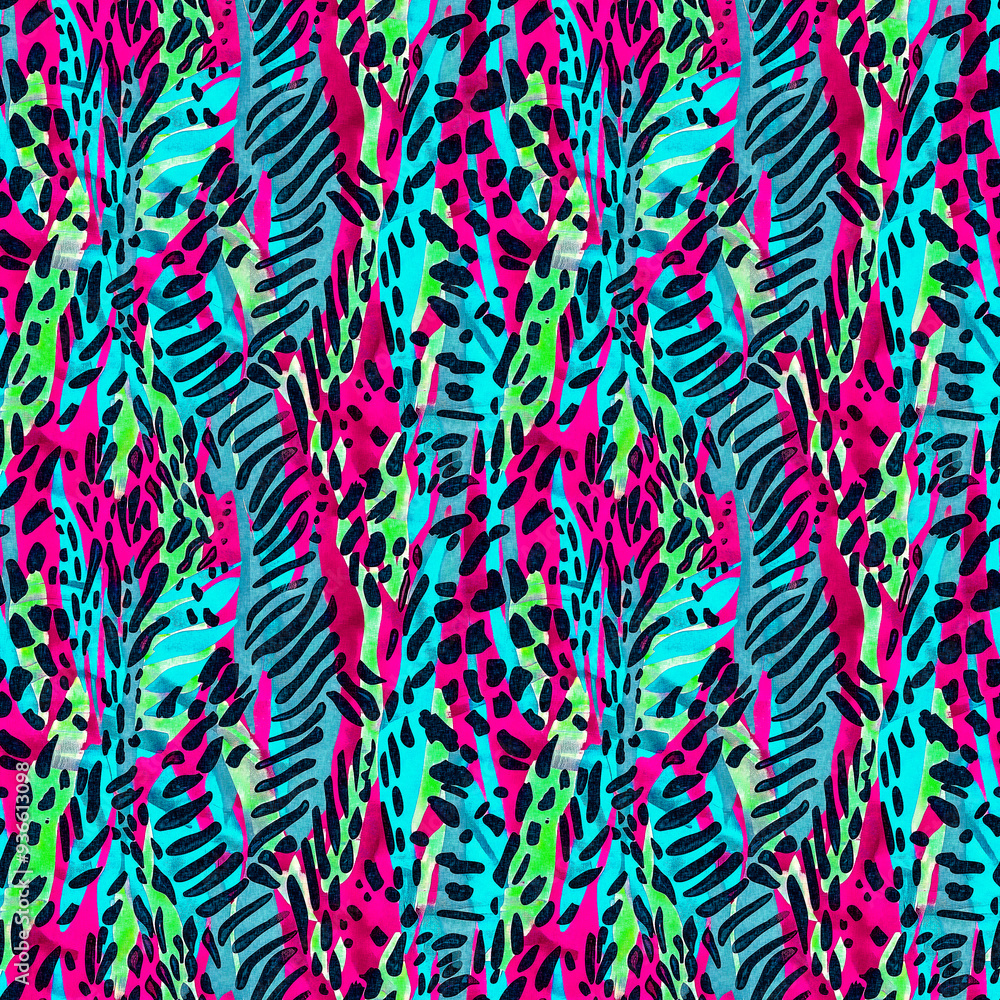 Fun girly camouflage pattern in vibrant stripes and spotted seamless design . Modern skin texture patched effect for festival and beach wear style in repeat . Fun girly camouflage pattern in vibrant stripes and spotted seamless design . Modern skin texture patched effect for festival and beach wear style in repeat .