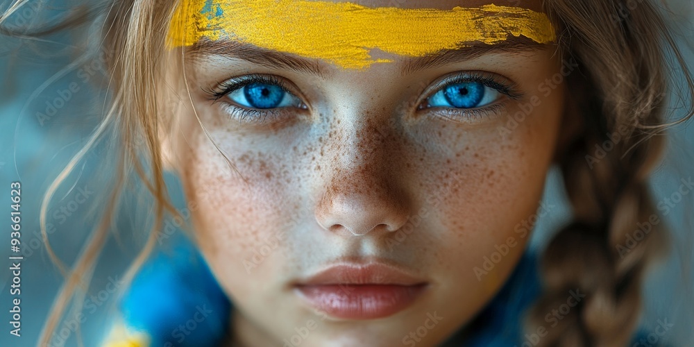 Close-up of girl's face with Ukrainian flag overlay Close-up of girl's face with Ukrainian flag overlay