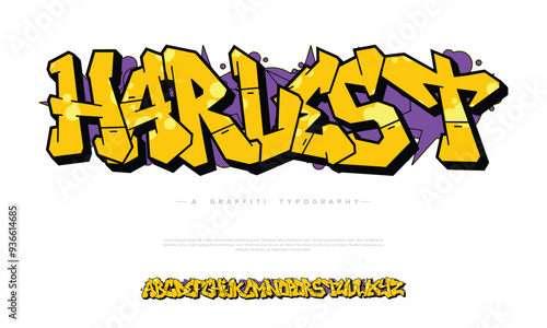 Vector font in graffiti style. Wall art and vandalism, a symbol of self-expression and street art. Element of hip-hop culture on the walls of the city. Yellow letters on a grey background in 90s style