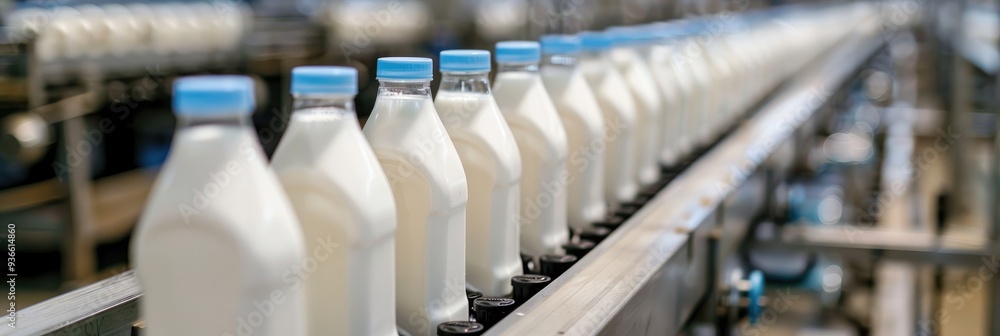 Fototapeta premium Plastic containers holding pasteurized milk on a production line.