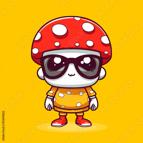 Cute mushroom character with white dots on a red cap in a simple flat vector illustration style.