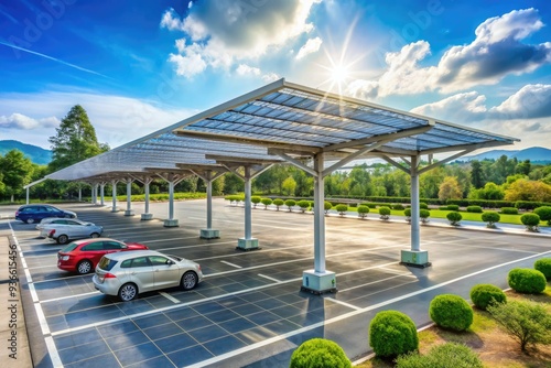 Modern outdoor parking lot with a roof canopy constructed from solar panels, generating electricity from sunlight, showcasing innovative green clean power energy technology.
