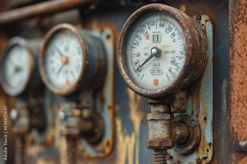 Three old rusty gauges with a white one in the middle, generative ai image Three old rusty gauges with a white one in the middle, generative ai image