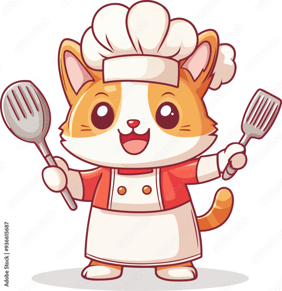 Cute cat chef character holding cooking utensils, Cartoon vector illustration. Flat style, food concept. Cute cat chef character holding cooking utensils, Cartoon vector illustration. Flat style, food concept.