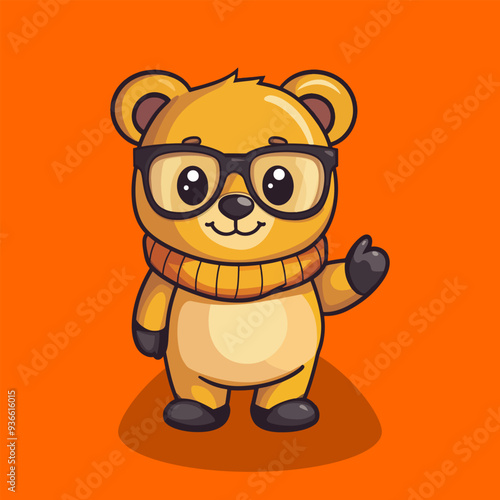 A cute bear with glasses and a scarf is waving, a simple flat vector illustration with a solid color background.