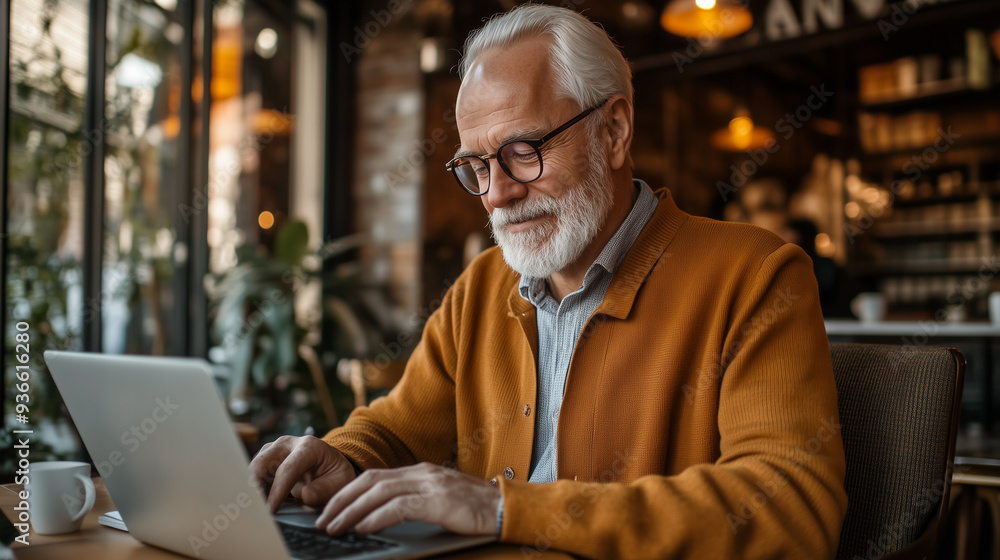 Mature man working on laptop at table in coffee shop Mature man working on laptop at table in coffee shop