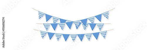 Decoration for the day of the holiday, flags on a ribbon. Garland buntings of Bavarian checkered blue flag.