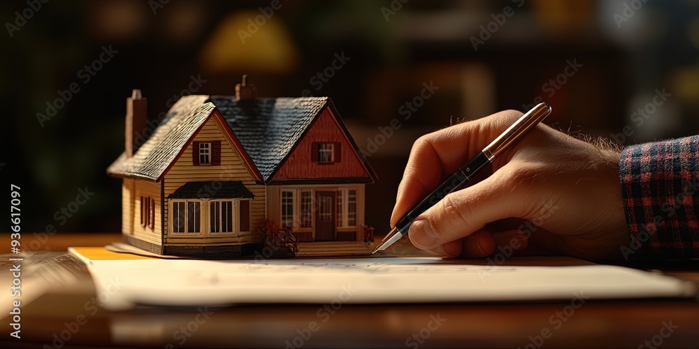 a hand holds a pen while signing and the toy house, modern, professional a hand holds a pen while signing and the toy house, modern, professional