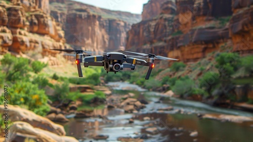 Drone flying in scenic canyon - generative ai