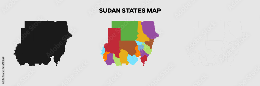 Sudan States Map in colors. EPS file also in selhoutte and outlined form. Editable EPS file. Sudan States Map in colors. EPS file also in selhoutte and outlined form. Editable EPS file.