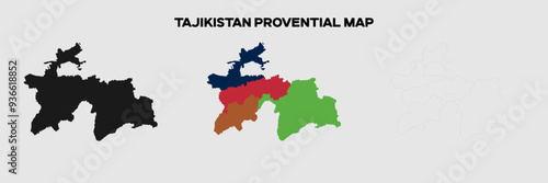 Tajikistan Provential Map in colors. EPS file also in selhoutte and outlined form. Editable EPS file.