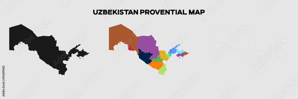 Uzbekistan Provencial Map in colors. EPS file also in selhoutte and outlined form. Editable EPS file. Uzbekistan Provencial Map in colors. EPS file also in selhoutte and outlined form. Editable EPS file.